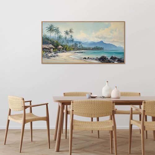 Rantodecor Tropical Coastal Framed Canvas Wall Art, Beach Landscape Posters Wall Decor, Island Palm Trees Beach House Art Paintings, Seascape Mountains Artwork for Bedroom Living Room Office 40"x20" - color: Tropical Coastal, size: 40"L x 20"W