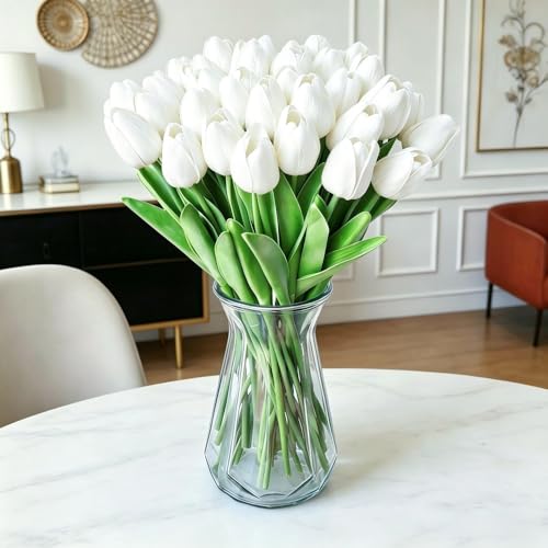 Artificial Tulips 20Pcs Real Touch Fake Tulips PU Flower Arrangement Bouquets for Home Party Decoration (White) - color: White 20pcs