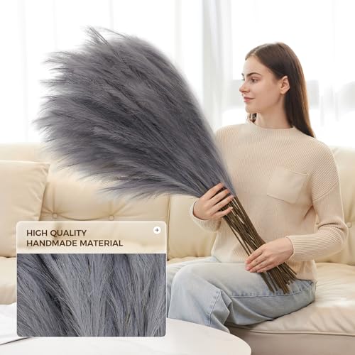 10 Pcs 39''/3.2FT Faux Pampas Grass Decor, Large Tall Fluffy Artificial Fake Flower, Bedroom Decor Boho Decor Pompas Floral for Vase Filler Farmhouse Home Wedding Decor (Grey) - color: Grey