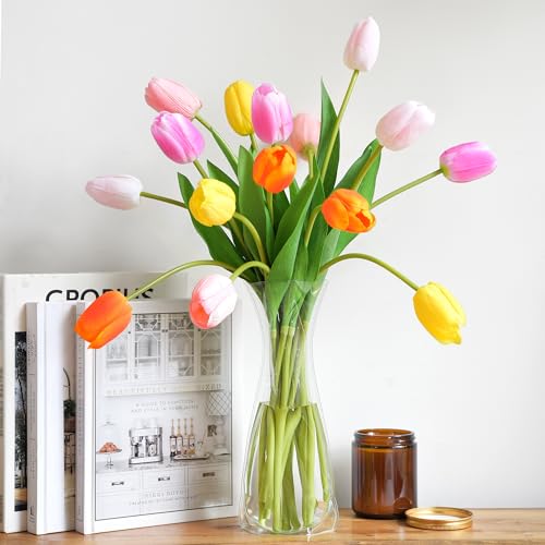 FiveSeasonStuff Real Touch Long Stem Tulips – 15 Artificial Flowers with Foldable Vase (Orange, Yellow, Mixed Pinks) for Home Décor, Weddings, and Gifts (Fiesta Medley) - color: Fiesta Medley Bloom Long Stems With Vase