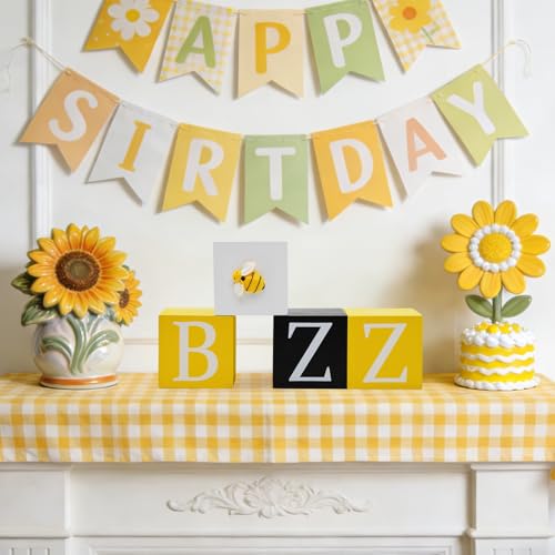nuvagiki Bee Tiered Tray Decor, Bumble Bee Wooden Block Sign, Farmhouse Rustic Tabletop Decorations for Kitchen Home, Spring Summer Bee Theme Decor - color: Yellow