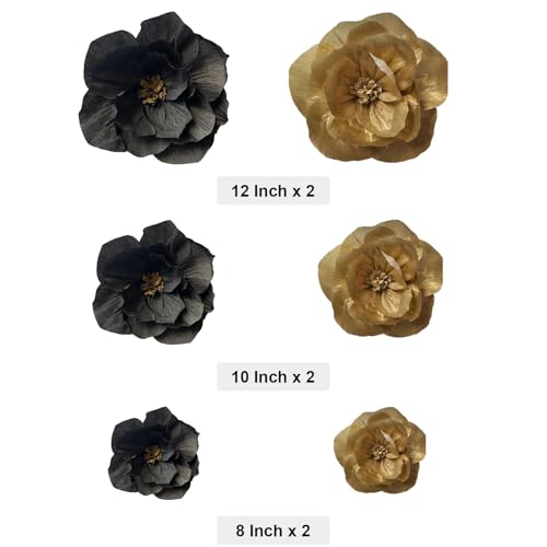 BRT Bearingshui Crepe Paper Flowers Decoration for Wall Total 6 Pcs, Artificial Flowers for Wedding Decor,Flower Backdrop Decor, Baby Bridal Shower Birthday Party, Black Gold 3D Wall Flowers Decor - color: Gold Black