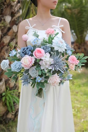 Blue Pink Artificial Flowers Set - Fake Roses, Peonies, Silk Flowers with Stems for DIY Wedding Bouquets,Floral Arrangement,Table Centerpieces,Baby Shower, Home Decor - color: Blue&pink