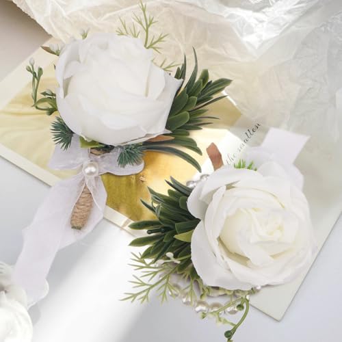 2Pcs White Rose Corsage Wristlet and Boutonniere for Men Set - Perfect For Prom Decorations Weddings Party Suit Flower Accessories - color: White Rose