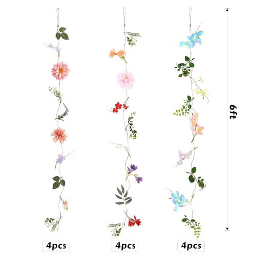 ACOCO 12 Pcs 72FT Artificial Wildflower Garlands, Faux Silk Hanging Flower Vines with Jute Rope & Green Leaves, 3 Styles Fake Floral Garland for Garden Home Decor
