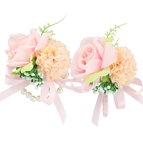 Pink Corsage and Boutonniere Set Rose Silk Wrist Corsage for Prom Wedding Brides Pocket Boutonniere for Men Prom Party Decor 2PC - color: Pink Corsage - Single Chain