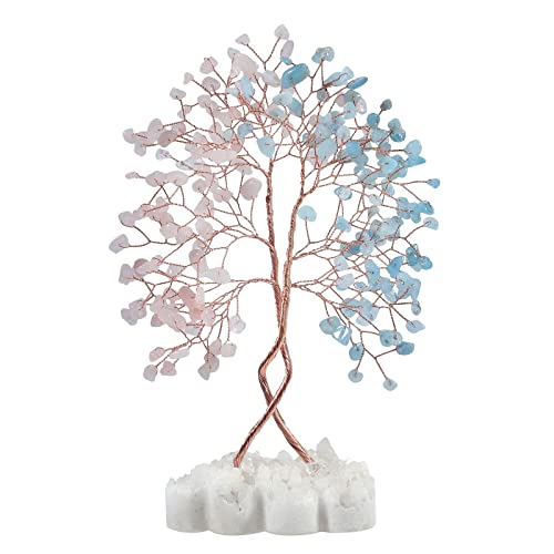 mookaitedecor Natural Rose Quartz & Aquamarine Crystal Tree with Double Heart Rock Quartz Crystal Cluster Stone Base Bonsai Money Tree of Life Home Wedding Decoration - color: Pink & Blue