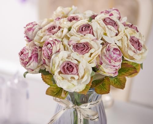 PONKING Rose Artificial Flower 28pcs Realistic Faux Silk Roses Fake Flowers Bouquets Arrangements Decor for Wedding Spring Mother's Day, Home Table Decorations, Light Purple Flower - color: A 28pcs Light Purple Rose