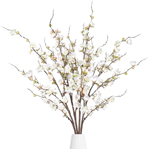 Sggvecsy Artificial Plum Blossom Flowers 4 Pcs Faux Cherry Blossom Stems Faux Silk Plum Blossom Branches 36.2’’ Fake Flowers Long Stems for Vase Arrangements Home Wedding Table Decor (White) - color: White