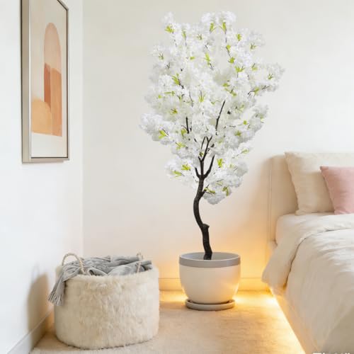 BINCUE Artificial White Cherry Blossom Tree Fake Tree Cherry Blossom Decor Fake Flowers Faux Flowering Tree White Flowers Floral for Indoor Outdoor Room Home Decor Spring Gift 6FT - color: White-04ap