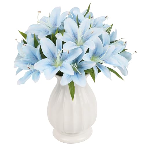 20Heads Blue Faux Lily Artificial Flowers 4 Bundles Fake Silk Flowers with Stems Lily Flowers for Wedding for Home Party Indoor Easter Table Floral Arrangement Decor (Blue) - color: Blue