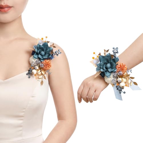 Ling's moment 2pcs Prom Wrist/Shoulder Corsage Artificial Flower, Girl/Mother Homecoming/Wedding Corsage Wristlet Décor, etc. Blue Pompon Mum - color: Blu-blue & Pompon Mum