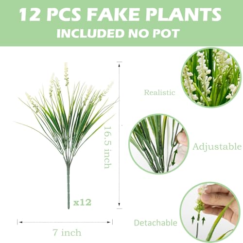Outdoor Faux Plants, 12 Pcs Fake Plant UV Resistant Monkey Grass Lavender Flowers, Artificial Greenery Shrubs Bush for Outside Planter Patio Garden Front Porch Door Yard Spring Summer Decor, White - color: White