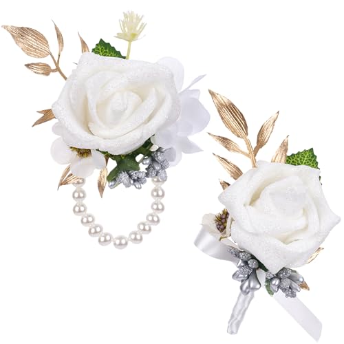 Boutonniere and Cosrage Set for Wedding - 2 Pcs Artificial Flowers Wrist Corsage and Boutonniere Set for Prom Dancing Party, Boutonniere Corsage Wristlet for Bride Groom Groomsmen Anniversary Ceremony - color: White