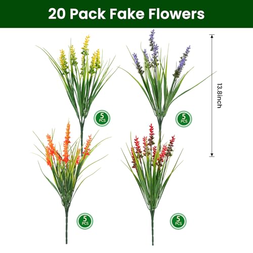 20 Bundles Artificial Plants Outdoor, UV Resistant Fake Flowers, Realistic Faux Lavender Shrubs for Porch Garden Window Box Home Decoration (Yellow Lightpurple Red Orange) - color: Yellow Lightpurple Red Orange