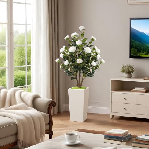 Romantic season 4FT Artificial Camellia Tree with White Tall Planter, Faux Camellia Plant Flower Tree for Modern Home Office Living Room Floor Décor Outdoor Indoor,White - color: White