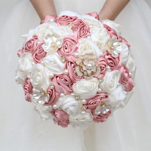 Bridal Wedding Bouquet with Rhinestone Brooch Pearl for Bride Bridesmaid Wedding Quinceanera Satin Rose Flower Bouquet Blush Pink and Ivory 6.3in - color: Blush & Ivory, size: Small (DIA. 6.3"/16cm)