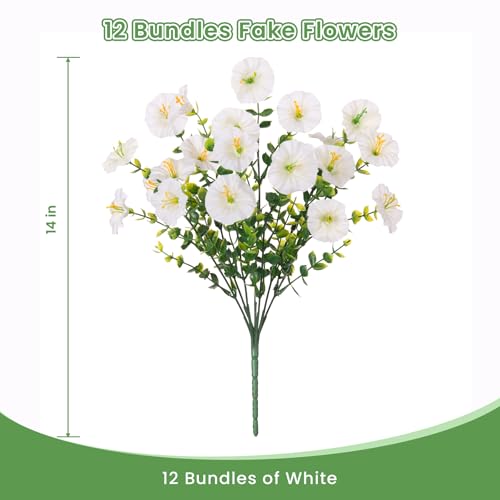 ADXORA 12 Bundles Morning Glory Artificial Flowers for Outdoor Decoration UV Resistant Fake Plastic Plants Artificial Greenery for Indoor Outdoor Garden Patio Window Box Home Decor - color: White