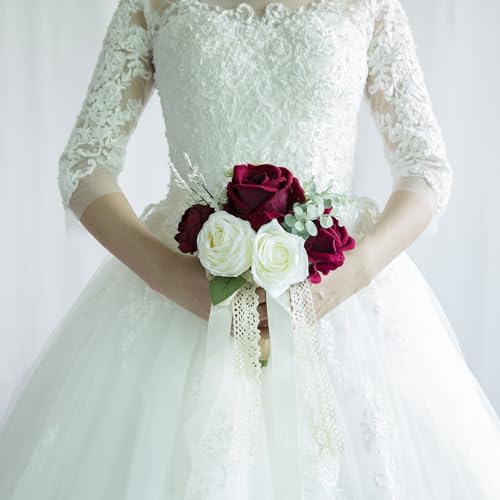 Wedding Bouquets for Bride Bridesmaid, Artificial Burgundy Champagne Bride Flower Bouquet for Wedding Church Decoration Ceremony, Anniversary, etc, Roses Flowers - color: Burgundy & Champagne