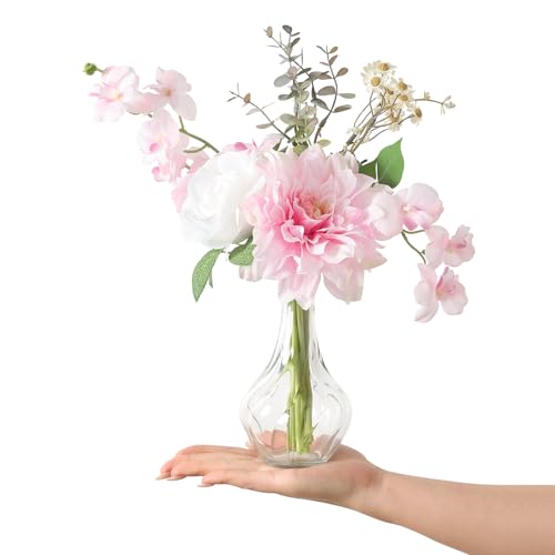 Faux Flowers with Vase,Small Artificial Silk Roses in Vase, Fake Plant Eucalyptus Flower Arrangement for Home Office Decoration, Living Room and Dining Table Centerpiece - color: Light Pink