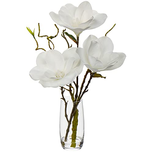 DILATATA Faux Flowers in Vase 15.4" Magnolias Flowers Arrangement with Faux Water Real Touch Flowers for Wedding Table Centerpiece Home Decor, White - color: White-magnolia#1