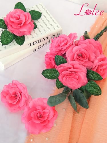 Hot Pink Rose Head Flowers with Long Stem, 108pcs Fuchsia Rose Artificial Flowers Bulk,Silk Rose Fake Flower for Wedding Bouquet Party Home DIY Baby Shower Centerpieces Tables Arrangement Decoration - color: Deep Pink