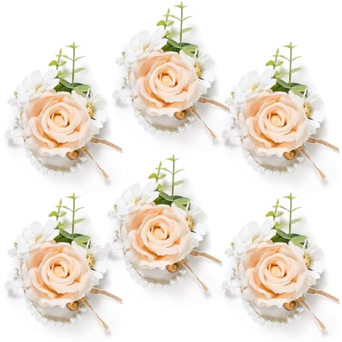 Serwalin 6 PCS Champagne Rose Wrist Corsages Wristlet for Wedding, Corsages for Prom Party Homecoming Corsage Hand Decor for Bride Bridesmaids, Mother of Bride and Groom - color: Champagne, size: Corsage 6pcs
