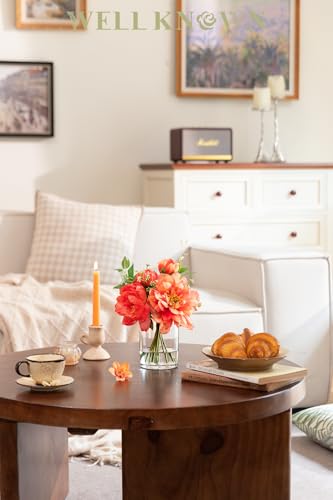 WELL KNOWN Artificial Flowers in Glass Vase with Fake Water, Silk Peony Flower Bouquet for Home Dinning Tea Table, Office Desktop, Hotel, Wedding, Party, Lavatory Decor & Gift (Coral and Orange) - color: Coral and Orange