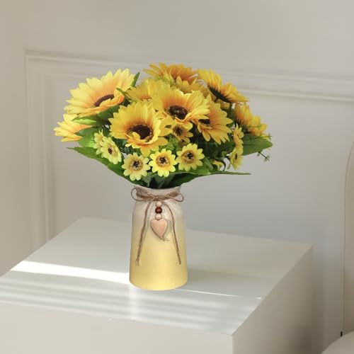 Artificial Sunflower Arrangement in Ceramic Vase – Fake Silk Sunflowers Table Centerpiece Decoration, Stylish Artificial Flowers with Vase for Home Table Dining Room - color: Yellow Vase