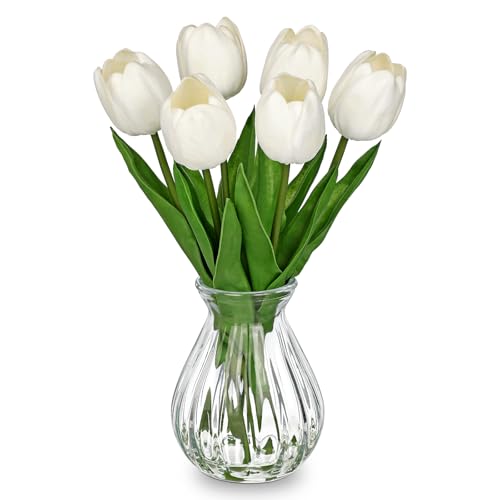 Oairse Artificial Tulips Flowers Floral Arrangement - 6 Stems Faux Flowers with Clear Glass Vase with Faux Water 12.5" White Fake Tulips Bouquet Centerpiece for Table Living Room Home Office Decor - color: White