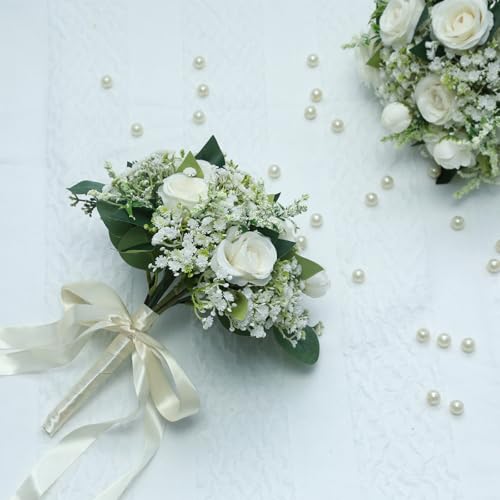 Artificial Bridesmaid Bouquets Set of 6 - Ivory White 9 Inch Flower Bouquet for Wedding Party Ceremony Anniversary Table Centerpieces Decor Faux Boho (Small Rose & Babys Breath & Ribbon) - color: Small Rose