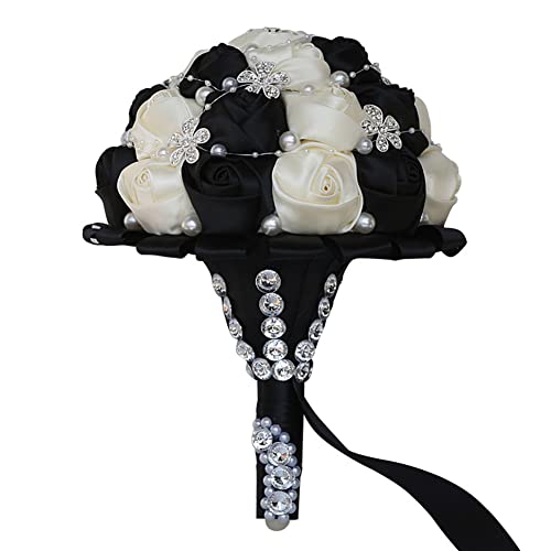 Sharebeauty 8.3 Inch Handmade Satin Rose Bridal Bouquet Toss Round Wedding Bouquet Throw Toss Artificial Flower Bunch Ivory + Black - color: W224 Ivory/Black, size: 8.3"/21cm