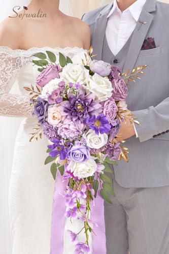 Serwalin 11 Inch Wedding Bouquets for Bride Bridesmaid, Purple Rose Bridal Bouquets for Bride, Wedding Flowers Bouquet Tossing Bouquet, Ceremony and Anniversary - color: Purple