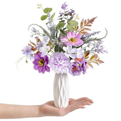 Small 11.8" Artificial Flowers in Ceramic Vase - Purple Silk Flower Centerpiece for Dining Table, Office, Wedding & Farmhouse, Home Decor Gifts - color: Purple