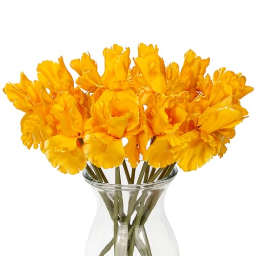 Hollyone Iris Artificial Flowers 15Pcs Faux Iris Yellow Flowers 14.2" Real Touch Fake Flowers Picks Bouquets for Wedding Bridal Home Arrangements Office Table Centerpieces Decor - color: Yellow