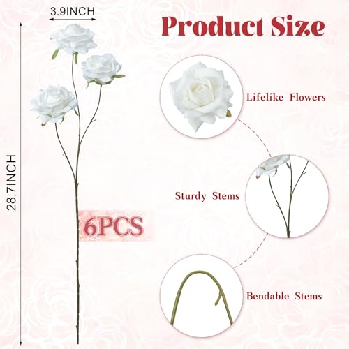 INXUGAO Artificial Flowers Fake Roses, 6Pcs 28" Long Stem Silk White Roses for Outdoor Indoor, Realistic Faux Flowers for Tall Planter Vase Porch Patio Decor - color: Rose-white 6 Pcs