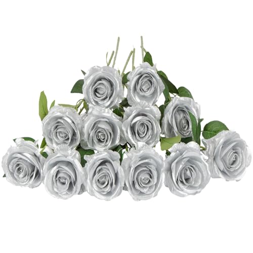 Laelfe 12 PCS Artificial Flowers Silver Roses, Silk Flowers Fake Long Stem Artificial Roses for Home Wedding Bathroom Kitchen Decorations (Silver) - color: Silver