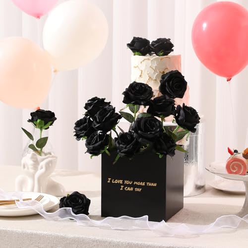 Tifuly Black Roses Artificial Flowers -12 pcs Realistic Single Long Stem Fake Silk Roses Bouquet for Party Home Wedding Centerpiece Office Halloween DIY Decor - color: Black