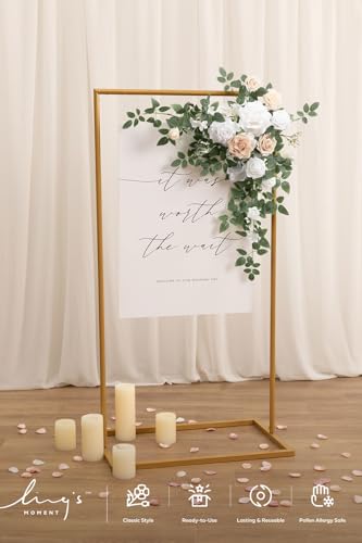 Ling's Moment Wedding Artificial Welcome Sign Flowers Swag Arch Floral Garland Decorations White & Sage for Ceremony Reception Entrance Entryway Party Banquets Easel Wall Home Outdoor(NOT Include Sign - color: White & Sage & Blush