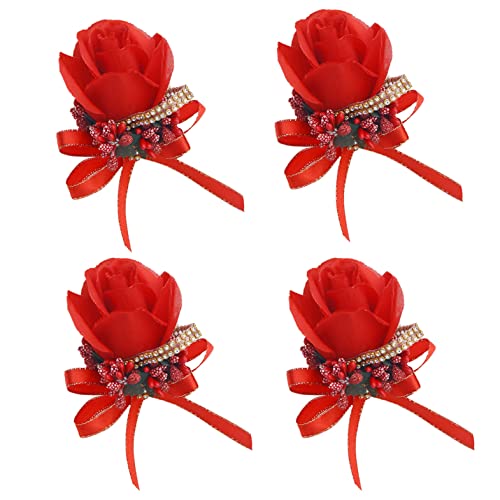 Wrist Corsage 4 Packs Wedding Bridal Wrist Flower Rose Wristband Corsage for Bride Bridesmaid Perfect for Wedding, Prom, Party (4 Packs, Wrist Flower-Red) - color: Corsage-red, size: 4 Packs