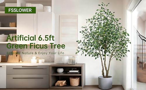 Artificial Ficus Tree 6.5FT with 1900 Leaves & White Planter Realistic Tall Large Fake Faux Tropical Silk Lifelike Plant 78 Inch for Indoor Home Office Store Corner Decor Housewarming Gifts
