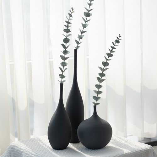Relexome Black Ceramic Vase Modern Boho Wabi-Sabi Flower Vase Set of 3 Decorative Aesthetic Vases for Centerpieces Matte Minimalist Vases for Living Room Table Shelf Home Decor Gift - color: Black