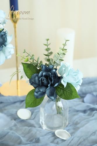 Floroom Artificial Gardenia Flowers 2.7" 25pcs Real Looking Dusty Blue Shades Foam Fake Flowers with Stem for DIY Wedding Bouquets Bridal Shower Centerpieces Floral Arrangements Party Table Decoration - color: Dusty Blue Shades