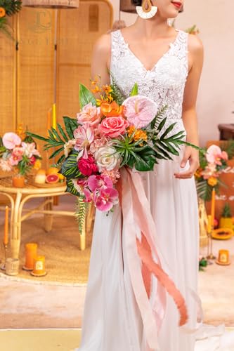 TINGE TIME 13 Inch Summer Wedding Bouquets for Bride, Bridal Bouquet for Bride, Artificial Silk Orchid for Graduation Bouquet, Fake Flowers for Wedding Ceremony and Anniversary (Tropical) - color: Tropical