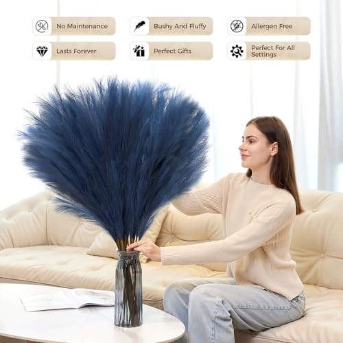 10 Pcs 39''/3.2FT Faux Pampas Grass Decor, Large Tall Fluffy Artificial Fake Flower, Bedroom Decor Boho Decor Pompas Floral for Vase Filler Farmhouse Home Wedding Decor (Blue) - color: Blue