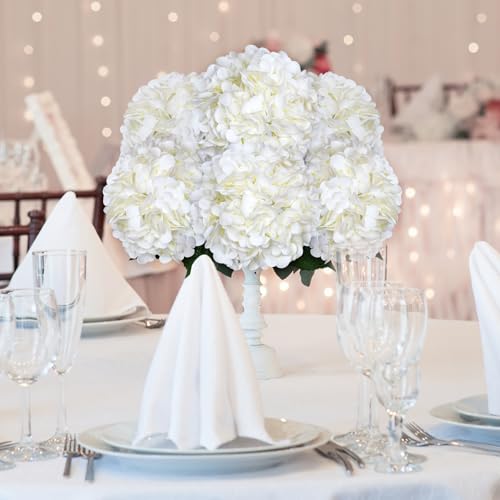 8pcs Hydrangea Artificial Flowers White Silk Fake Flower Bouquets Faux Hydrangea with Stems for Home Table Centerpieces Wedding Party Decoration (White, 8 PCS) - color: White