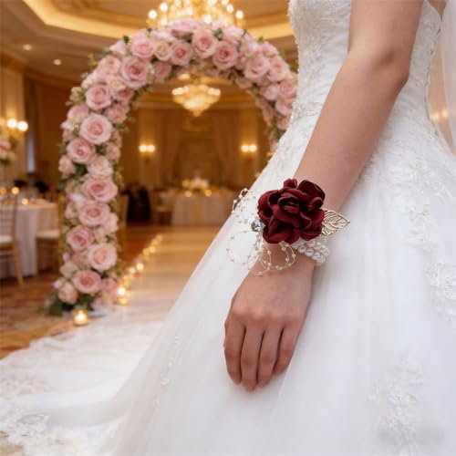 Bridesmaid Wrist Corsage Bridal Silk Wrist Flower with Faux Pearl Bead Stretch Bracelet Wristband Gold Leaf for Wedding Prom Hand Flowers Decor - color: Wine Red, size: Pack of 4