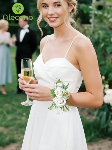 Alecono White Corsage and Boutonniere Set, Rose Bride Wrist Corsage and Groom Boutonniere for Wedding Prom Flower Accessories Suit Decorations - color: White, size: Corsage and Boutonniere Set