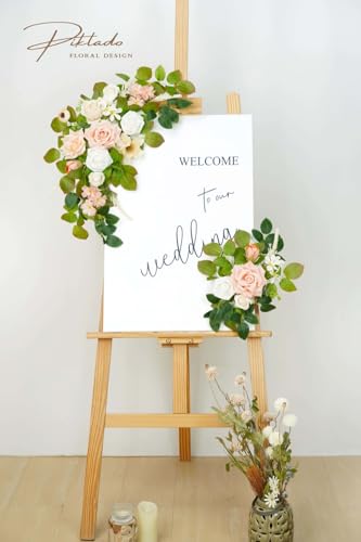 Wedding Decor (Pack of 2) Welcome Sign Flower Backdrop Garland for Ceremony Reception Wall Easel Home Decoration Entryway Faux Outdoor Board Head Table Decor (Flesh Pink & White) - color: Flesh Pink & White