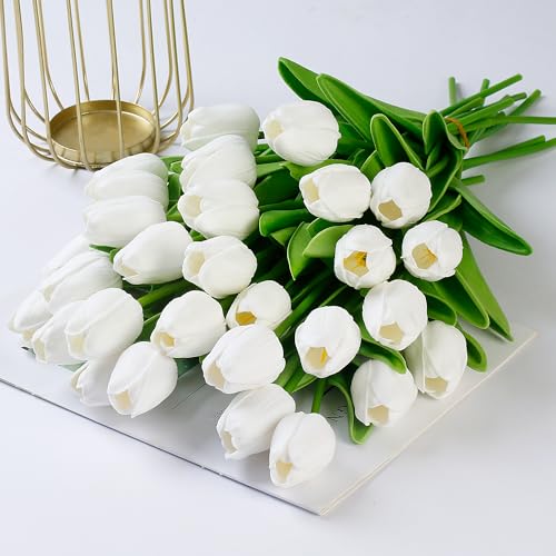 Sggvecsy 15 Pcs Fake Tulips Artificial Flowers Real Touch PU Faux Flowers Tulip Stems for Wedding Spring Bouquet Floral Arrangement Home Party Office Decorations for Mother's Day (White) - color: White, size: 15 Pcs